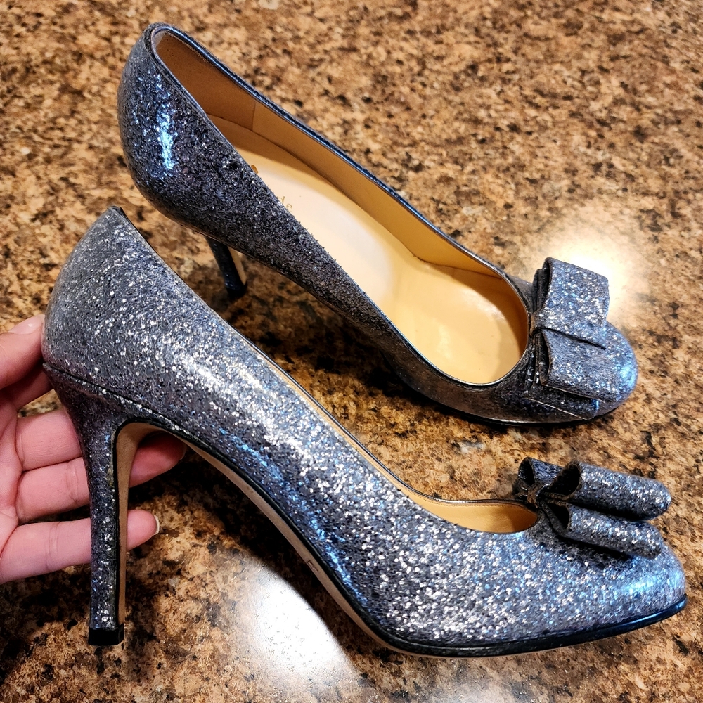 KATE SPADE "Krysta" Glitter Bow Heels - Silver - Size 8.5